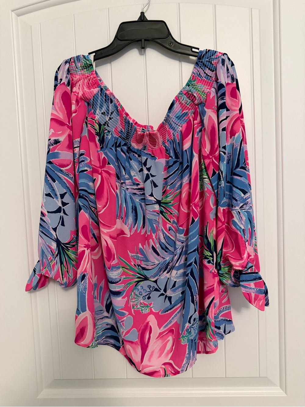 Lilly Pulitzer Pink Tropical Off-Shoulder Top with Blue & Green Accents